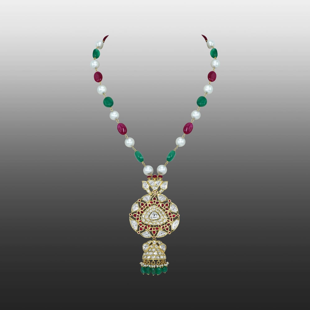 Green and Red Stone Necklace with Pearls and Polki Pendant
